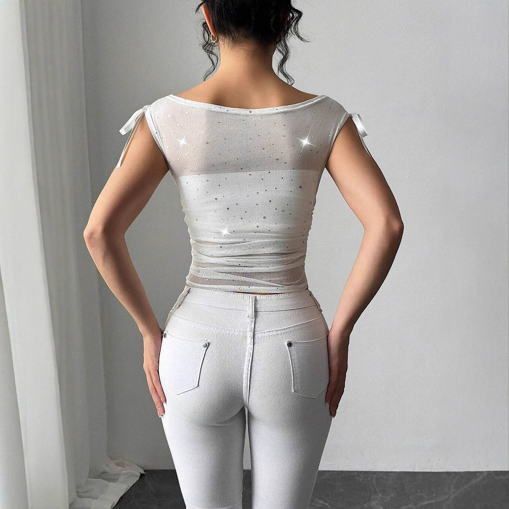 Sequined Mesh Off-the-shoulder Bow Pleated T-shirt