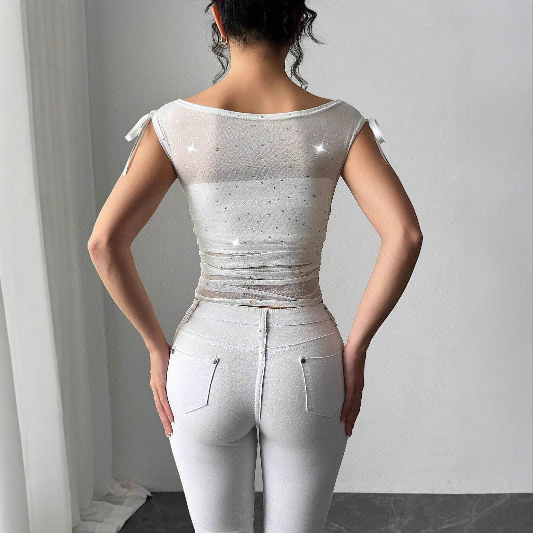 Sequined Mesh Off-the-shoulder Bow Pleated T-shirt