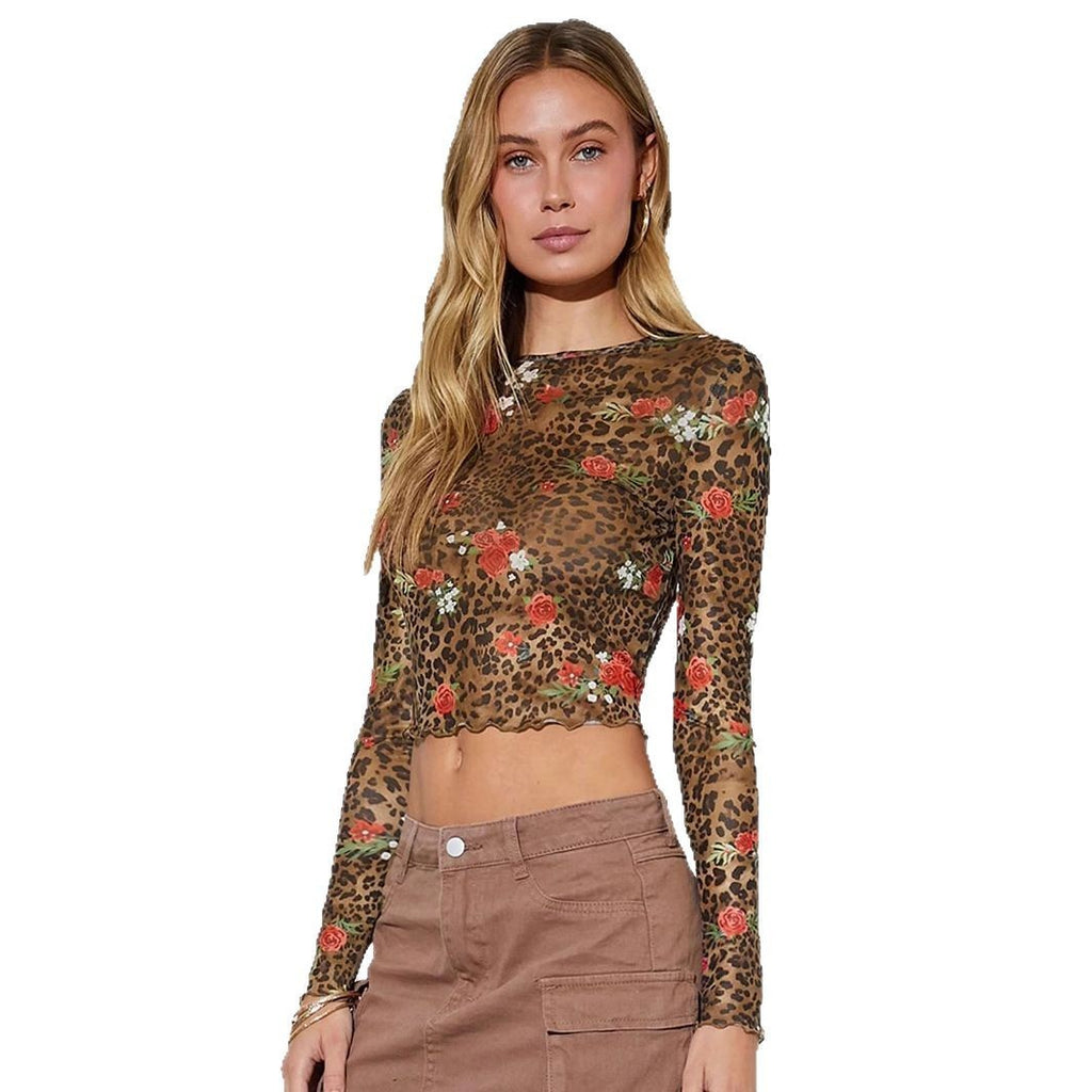 Leopard Print Flower Printed Mesh Round Neck Short Long-sleeved