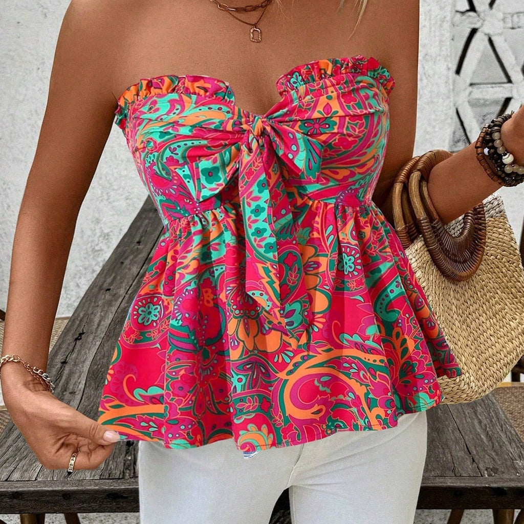 Strapless Cinched Waist Ruffle Hem Floral Printed Top