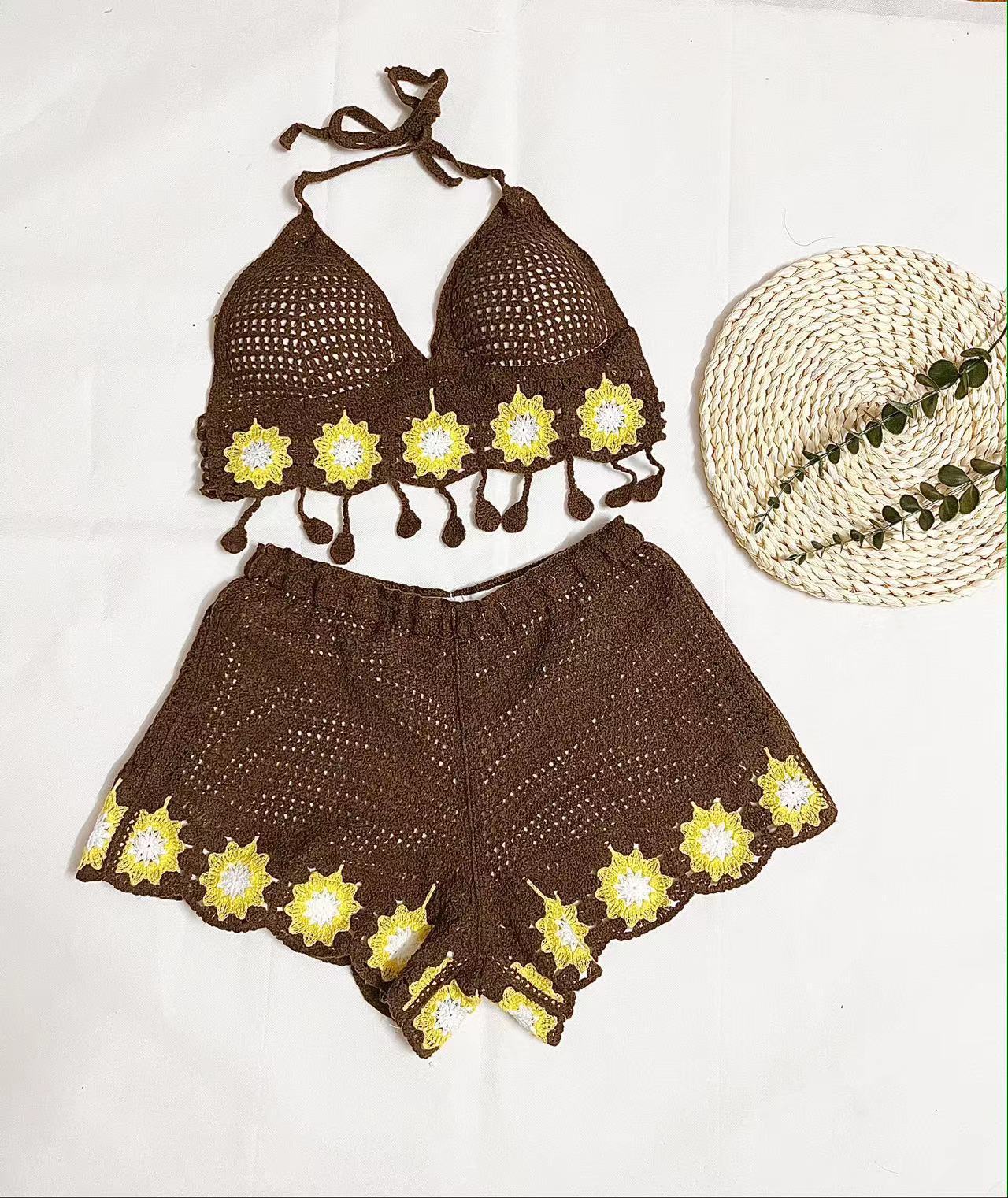 Vacation Style Woven Cutout Sling Slimming Shorts Suit