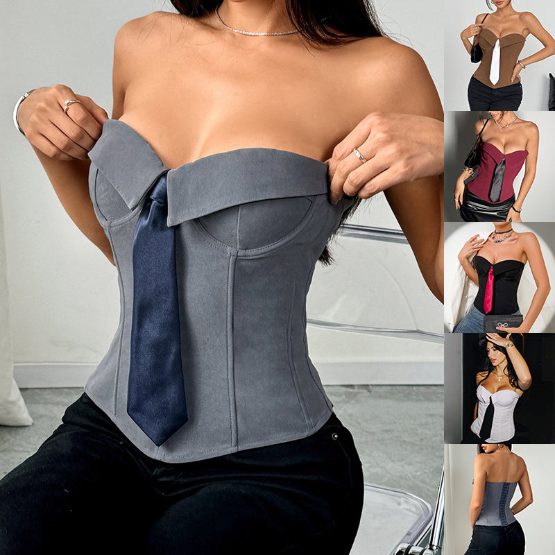 Y2k Bandeau Top With Faux-tied Design Ins Fashion Solid Color Corset For Women