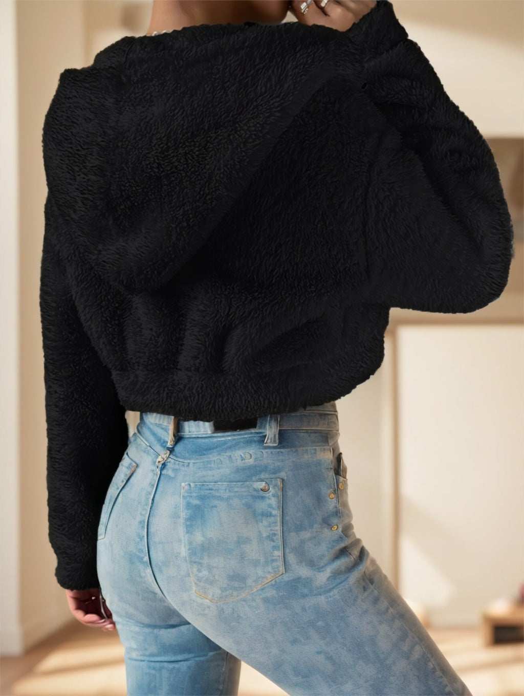 Solid Color Zip-up Teddy Hoodie, Casual Long Sleeve Hoodie Jacket