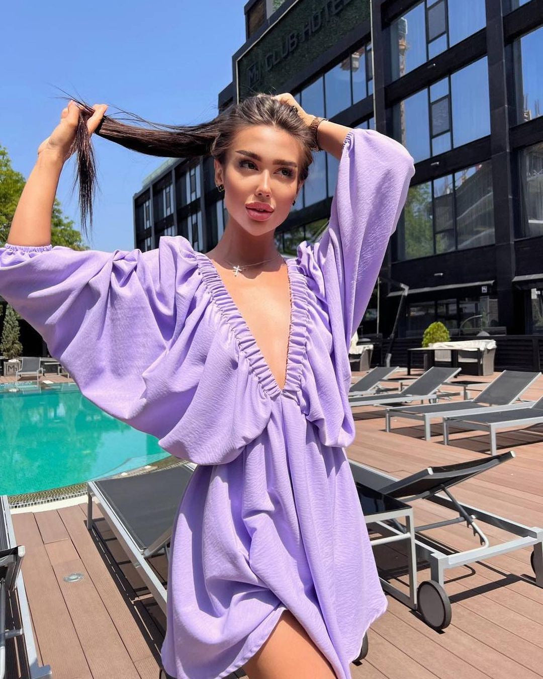 V-neck Lantern Sleeve Dress Fashion Loose Long-sleeved Dresses For Women Clothing