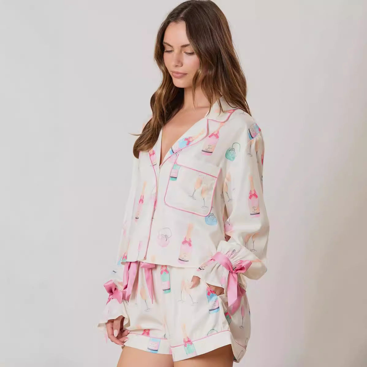 Women's Bow Long Sleeve Pajamas Shorts Suit