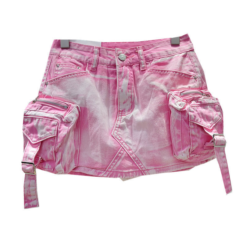 Retro Three-dimensional Workwear With Pocket Denim Skirt