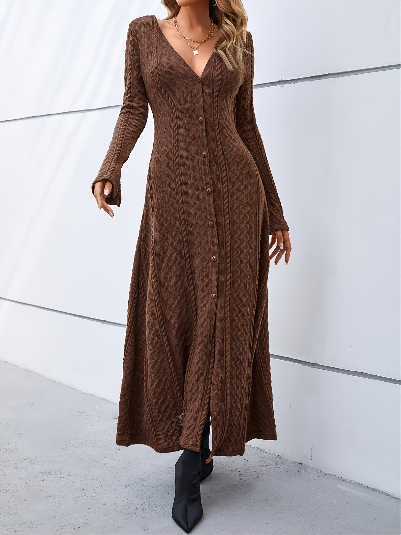 Elegant Buttons Slit Long Dress, Casual Deep V Neck Long Sleeve Waist Long Dresses