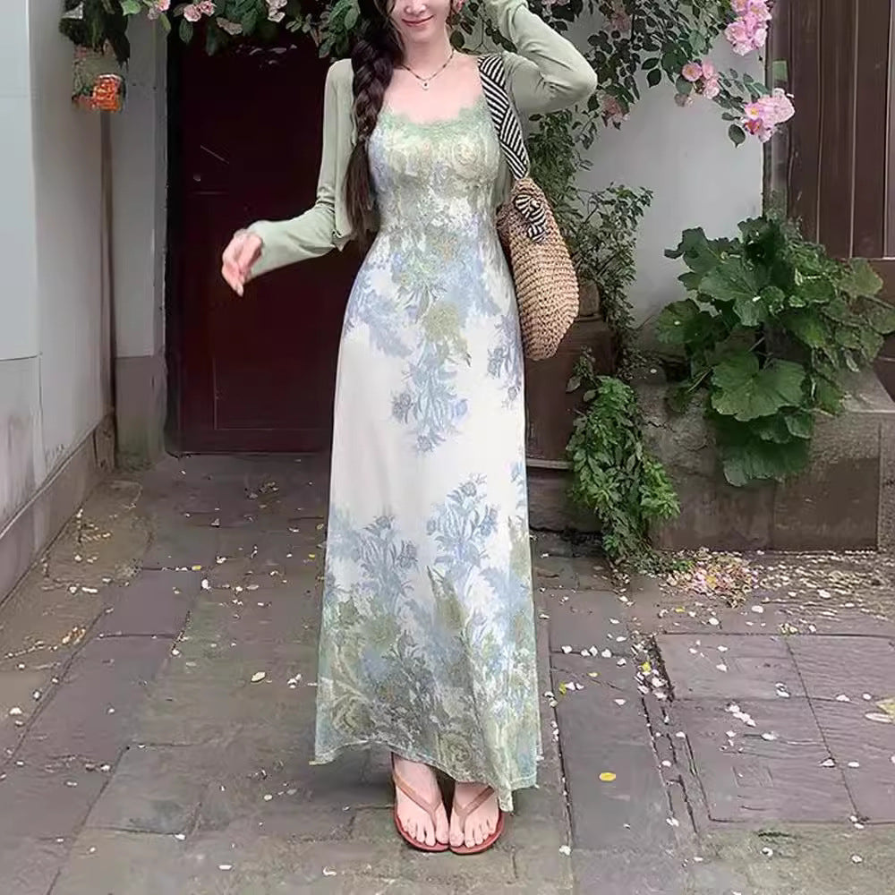 Retro Jacquard Dress Women's Summer Cardigan Suspender Skirt Two-piece Set