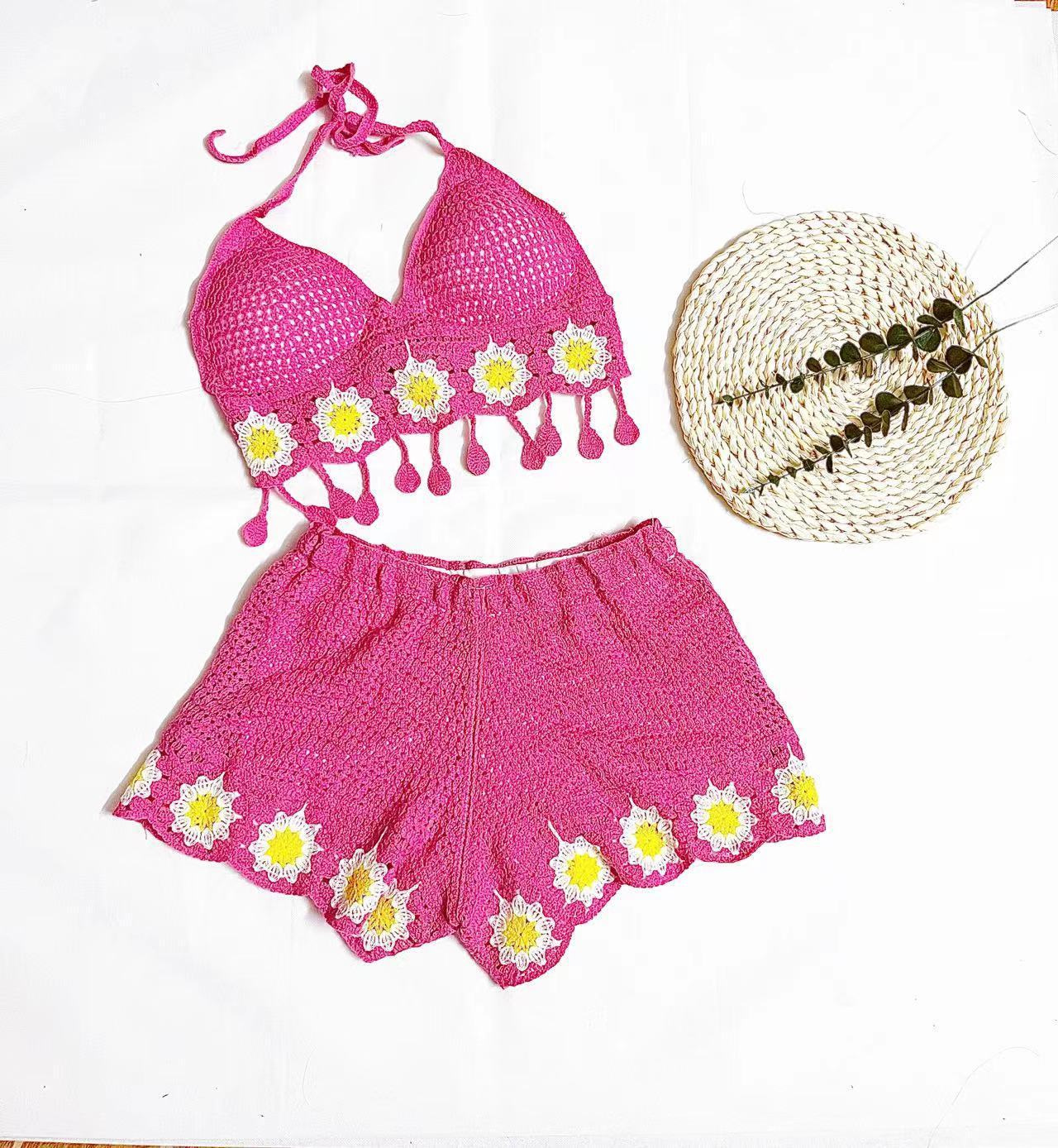 Vacation Style Woven Cutout Sling Slimming Shorts Suit