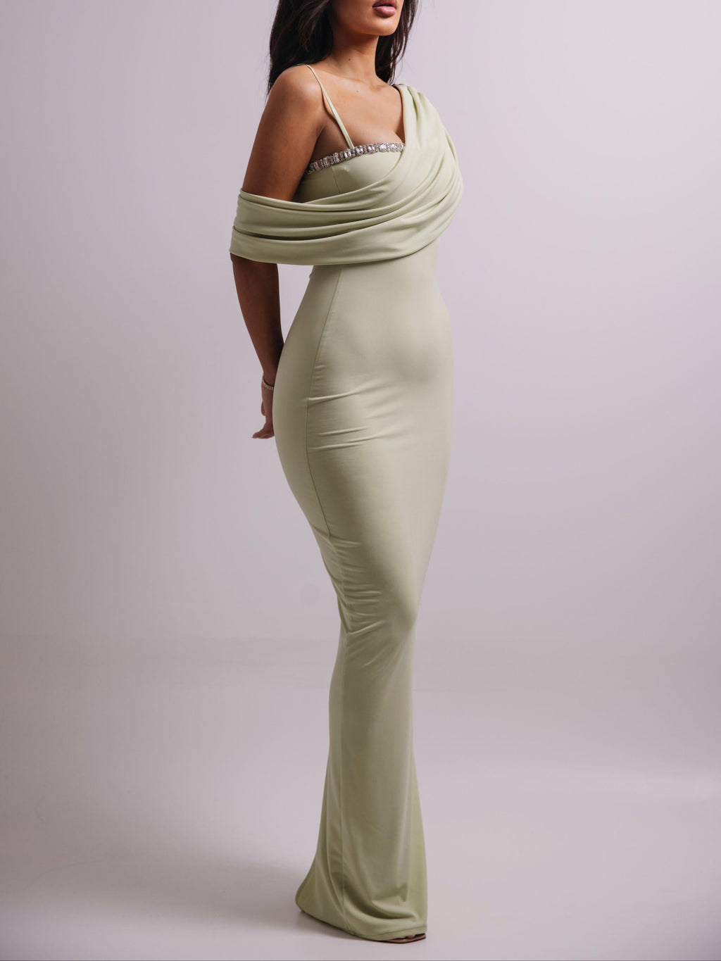 Light Green Off-The-Shoulder Rhinestone Bodycon Dress