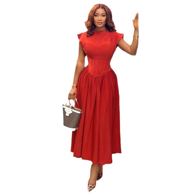 Round Neck Waist Cinched High Waist Fishbone A-line Skirt Dress