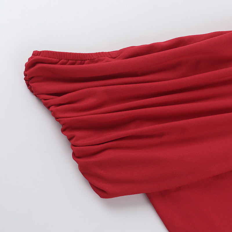 Cloud Sense Oblique Shoulder Fitted Waist Pleated T-shirt