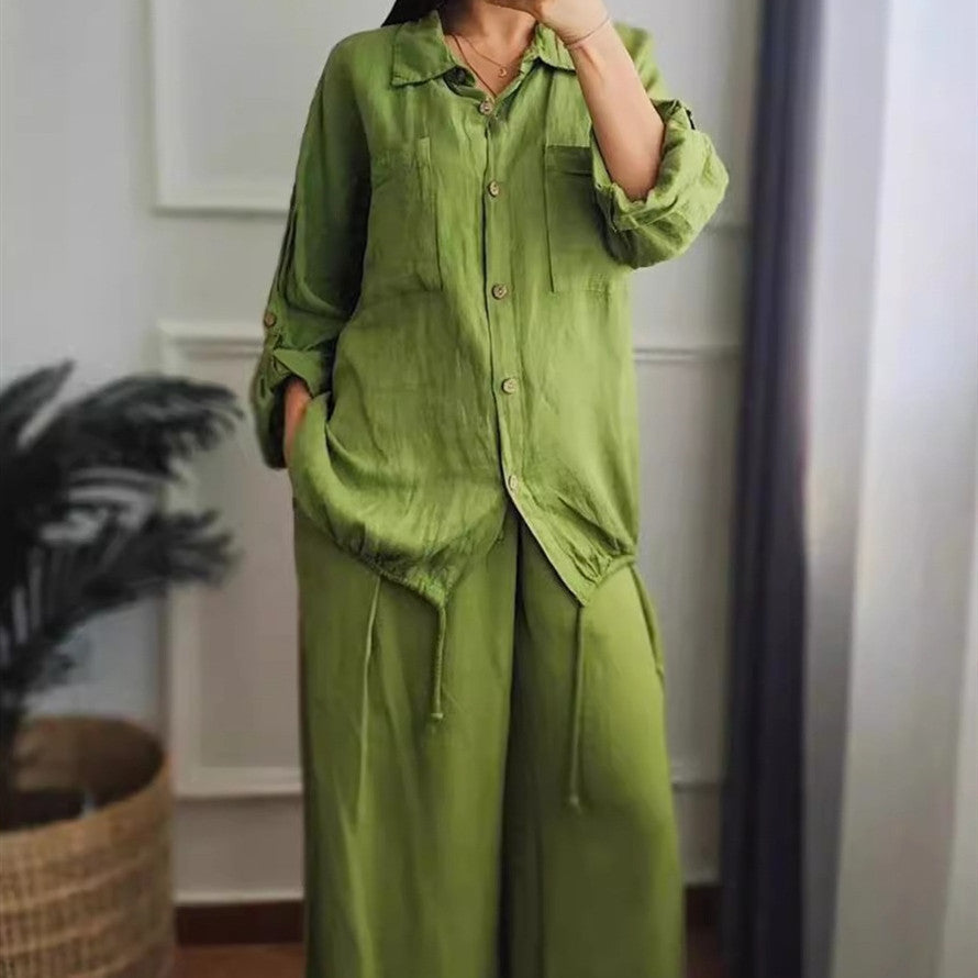 Women's Baggy Cotton And Linen High-waisted Suit With Buttons
