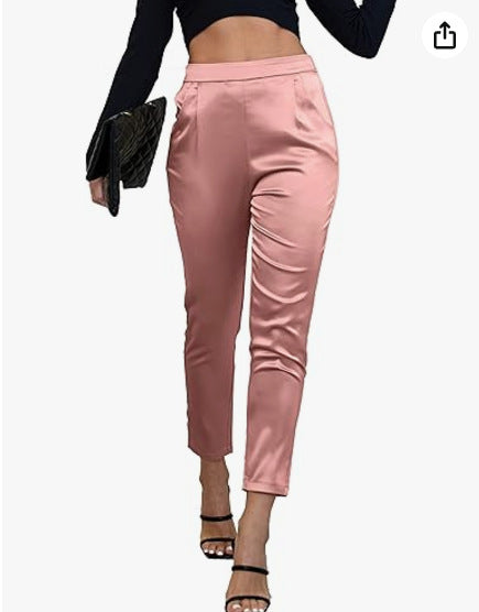 Women's Comfortable Pocket Straight High Waist Acetate Pants