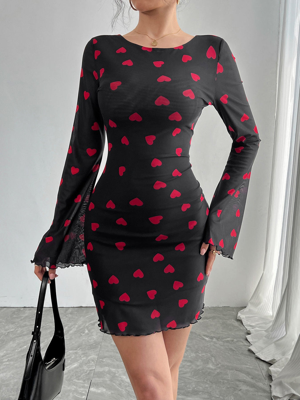 Heart Printing Flare Sleeve Backless Mesh Dress