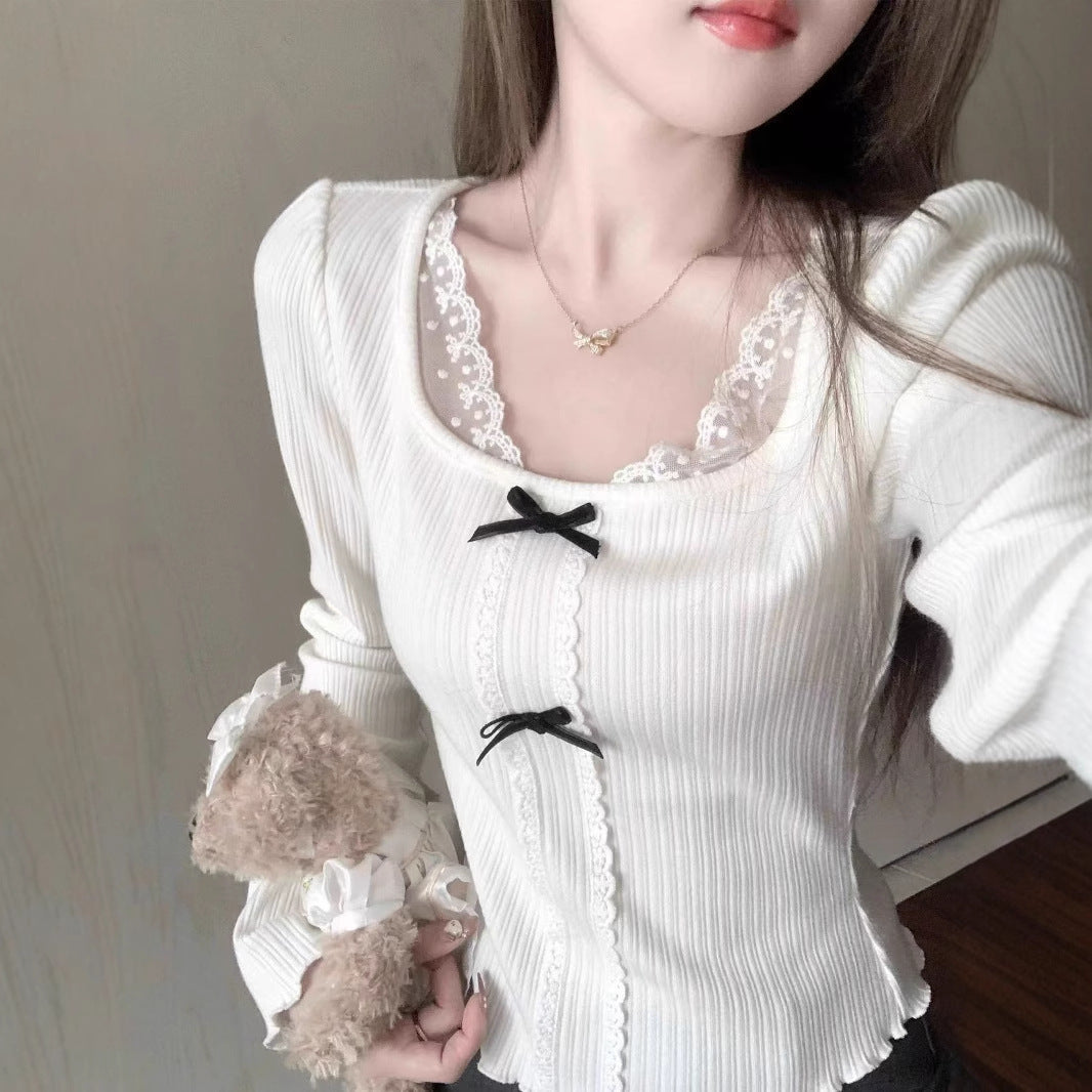 Women's Bow Lace Stitching Long Sleeve T-shirt Bottoming Top