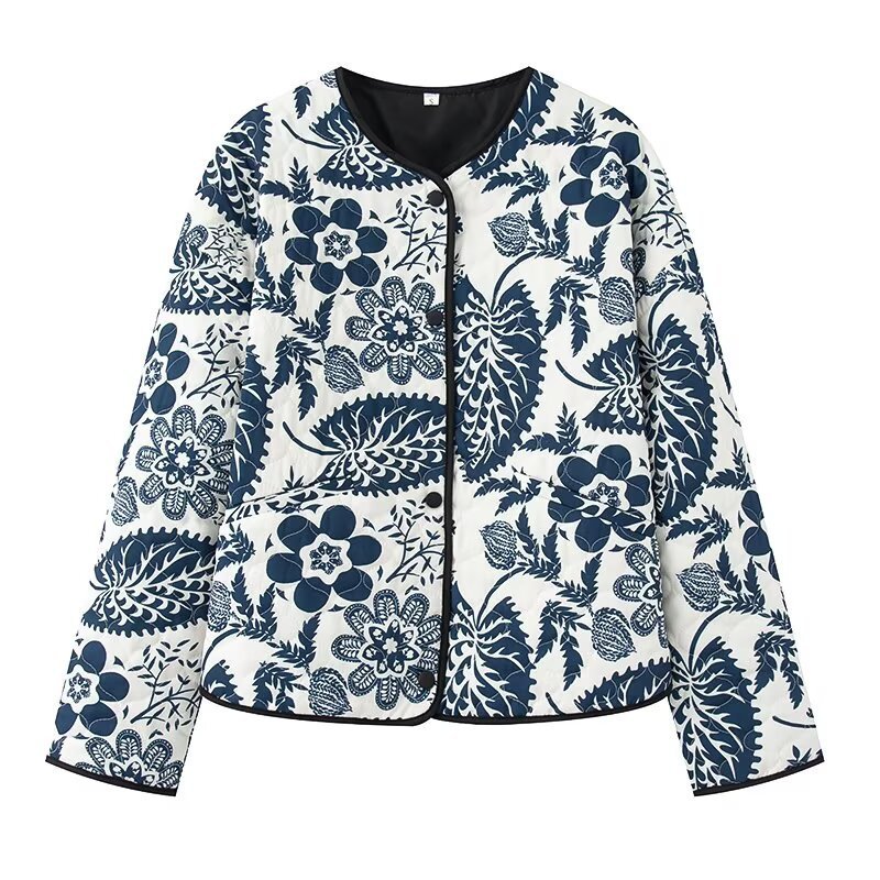 Printed Round Neck Cotton-padded Jacket Long Sleeve Short Jacket