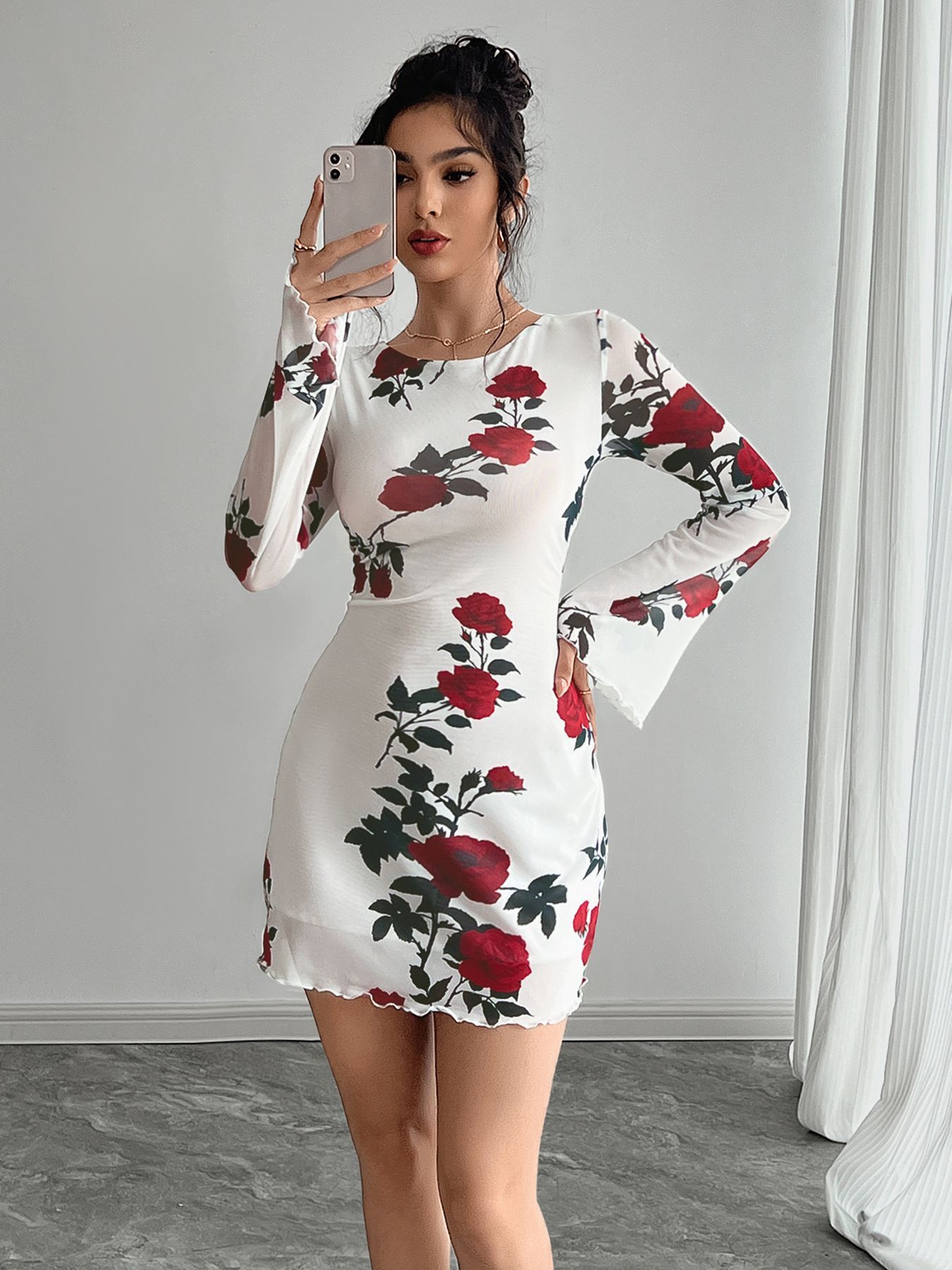 Sexy Floral Backless Gauzy Bell Sleeve Mini Dress