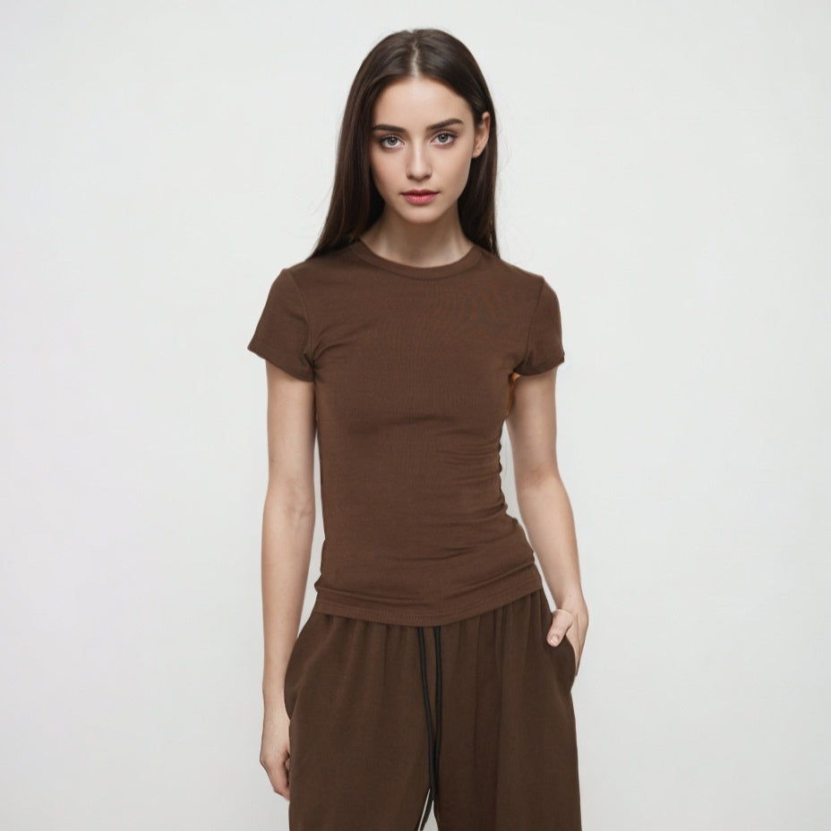 Women's Shoulder Round Neck T-shirt Slim Fit Slimming