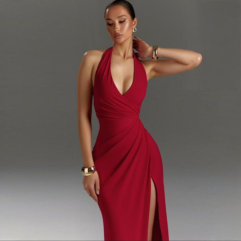 Women's Sling V-neck Halter High Slit Dress