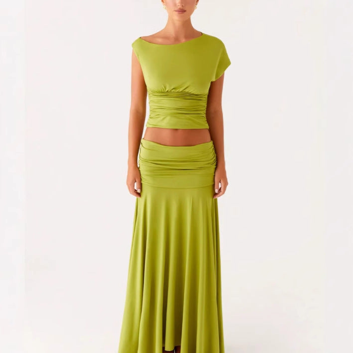 Cropped Pleated Slim-fit Sheath Skirt Suit