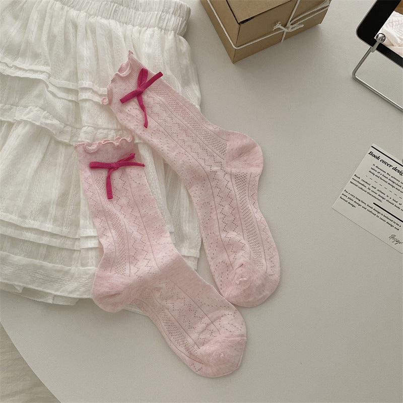 Thin Mesh Solid Color Bow Mid-calf Length Loose Socks Breathable Sweat Absorbing