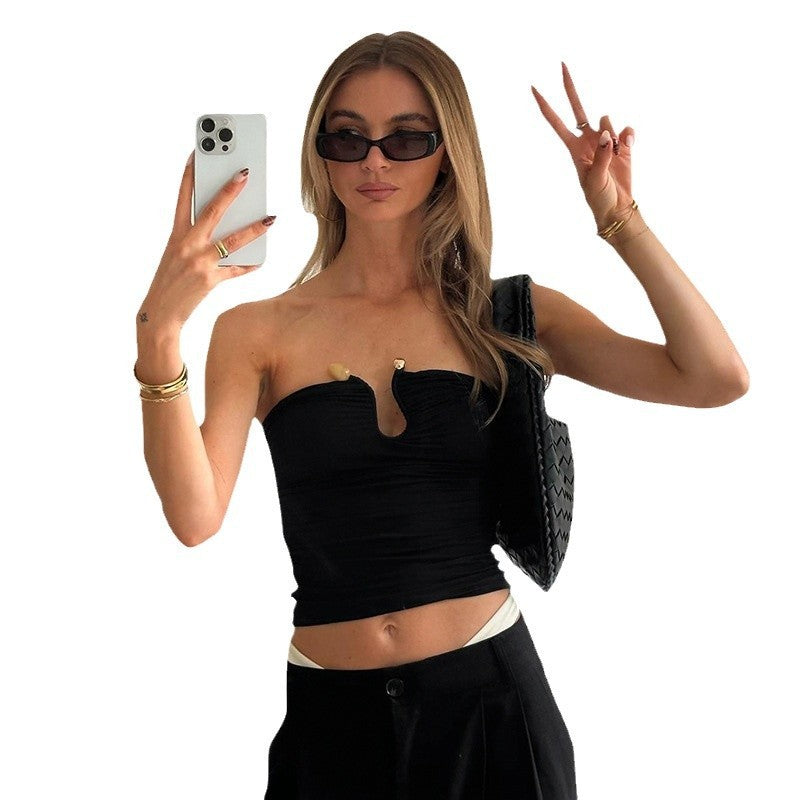 Solid Color Chest-wrapped Backless Pleated Agate Top