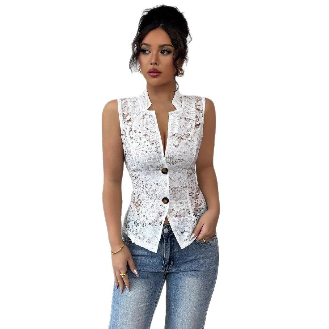 Sexy Young Hollow Chest Jacquard Design See-through Lapel Skinny Lace Top