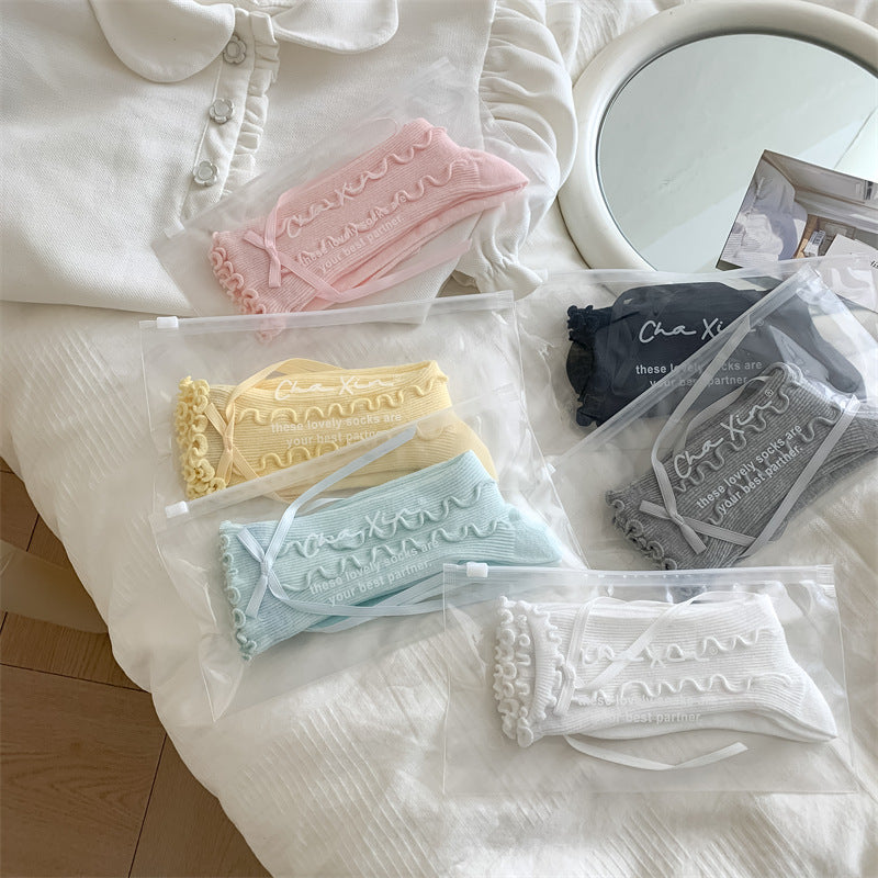 Girly Style Side Wooden Ear Bow Ribbon Female Middle Tube Socks