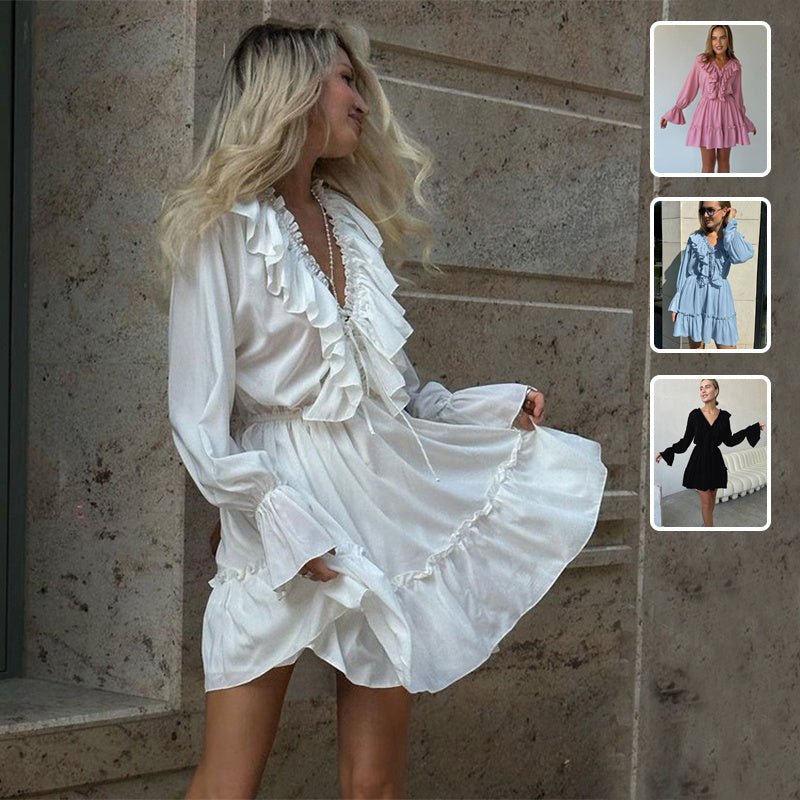 V Neck Pleated Ruffle Long Sleeve Dress Y2K V Neck Flared Sleeve Short Dress Women's Clothing
