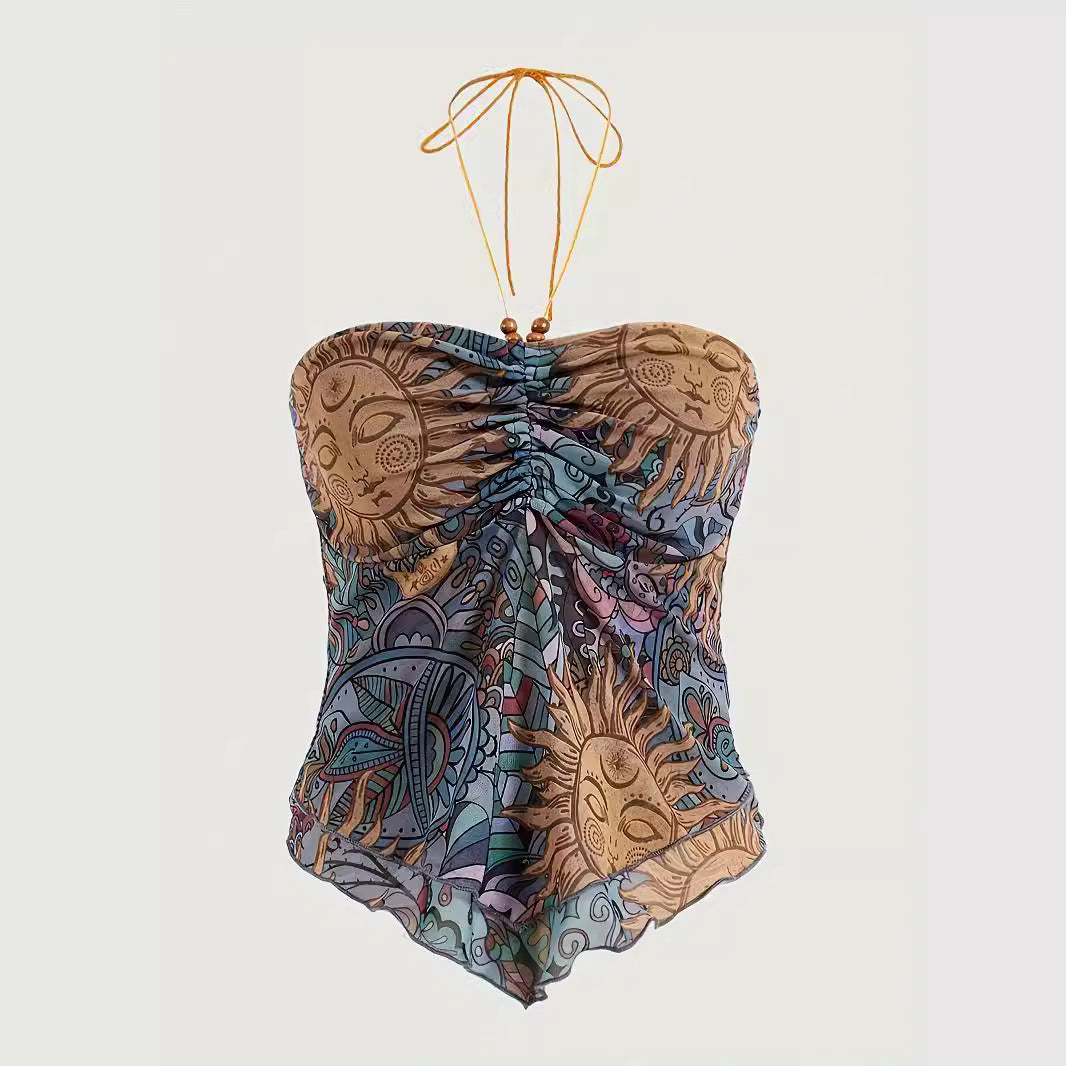 Women's Y2K Mesh SUNFLOWER Printed Irregular Vest Top