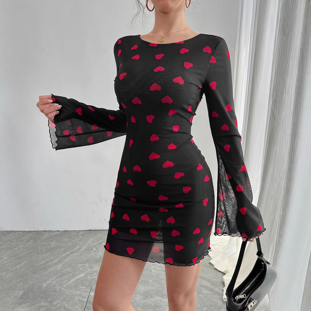 Heart Printing Flare Sleeve Backless Mesh Dress