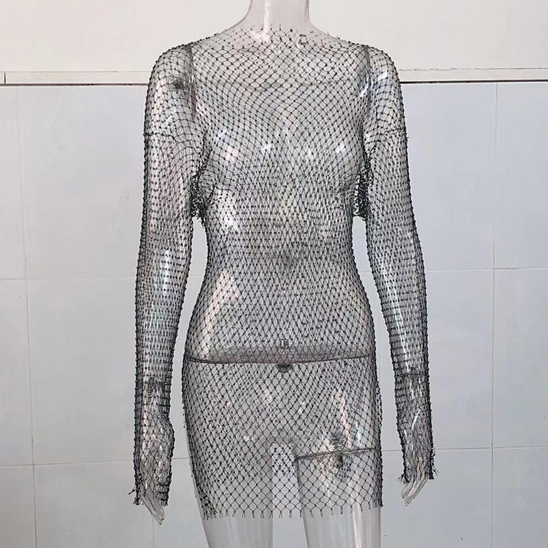 Women Rhinestone Cutout Mesh Top Blouse