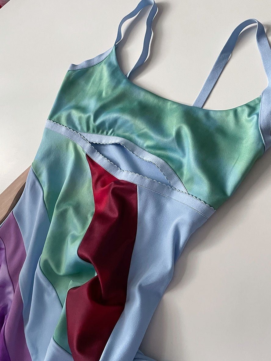 Sexy Y2K Aesthetic Patchwork Front Cut Out Stripe Spaghetti Strap Dress