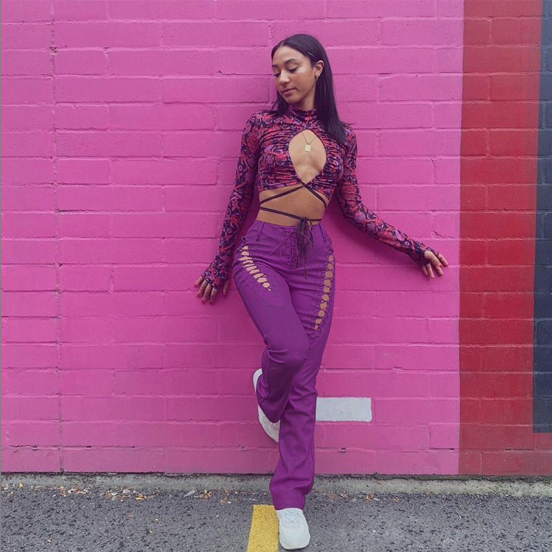 Women's High Waist Hollow-out Strap Straight Ankle Tied Leather Pants