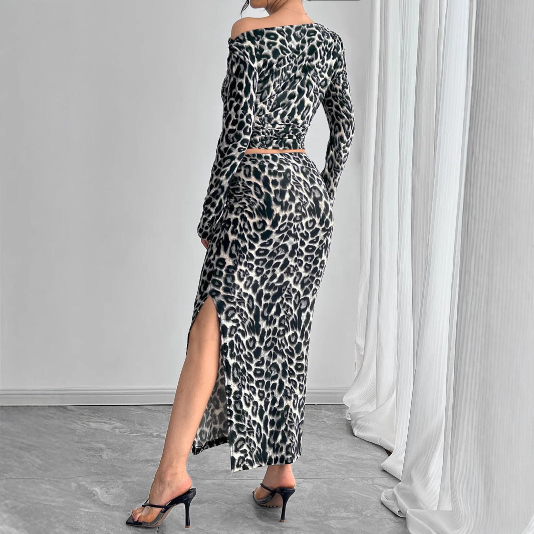 Sexy Leopard Print Two-piece Suit With Fitted Maxi Dress Suit