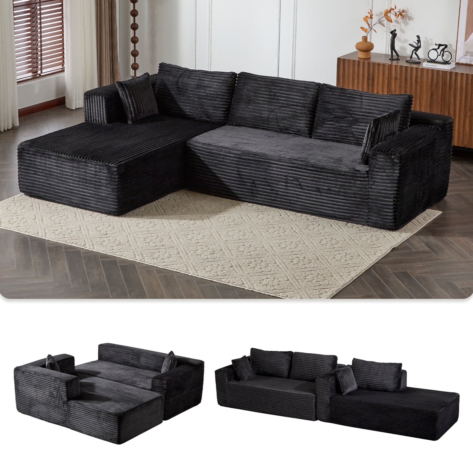 Compression Sectional Couch With Comfy Chaise, Boneless L Shape Sofa With Deep Seat, Minimalist Modular Couches Sleeper