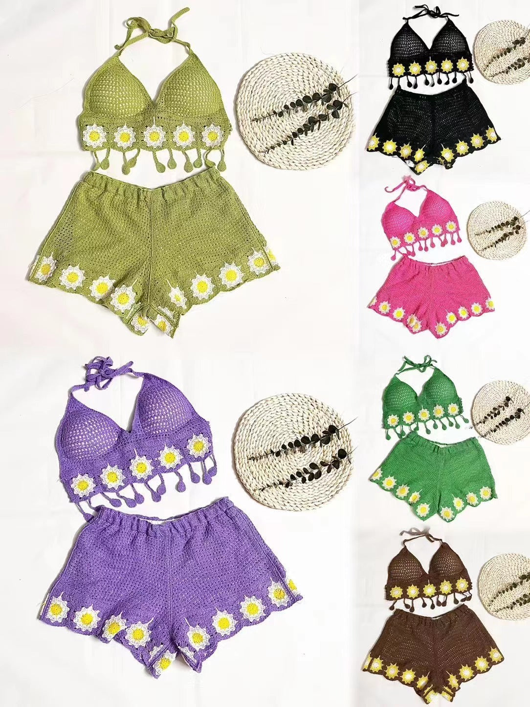 Vacation Style Woven Cutout Sling Slimming Shorts Suit