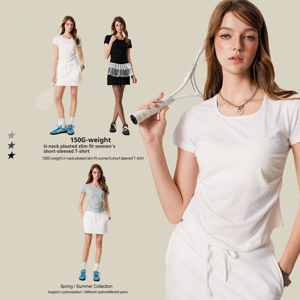 Solid Color Square Collar Shoulder Short Sleeve Slimming