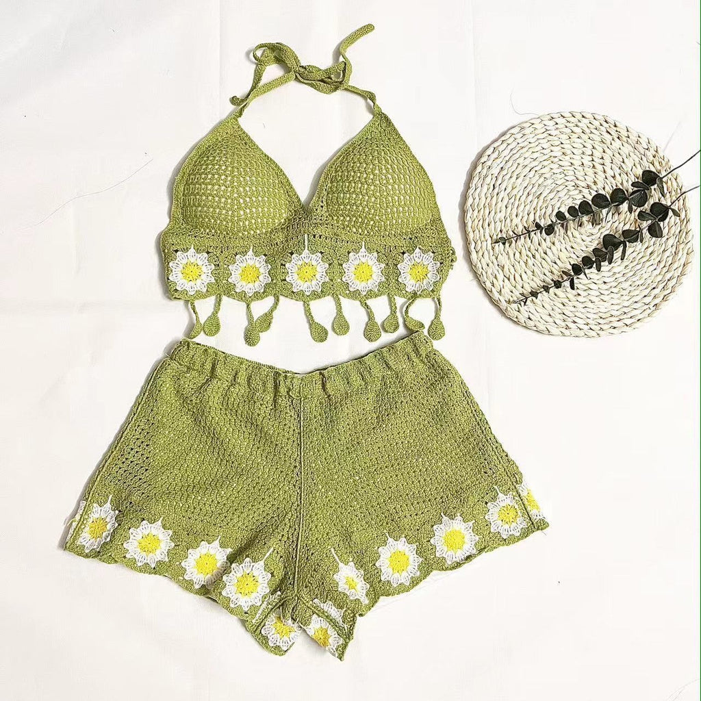 Vacation Style Woven Cutout Sling Slimming Shorts Suit