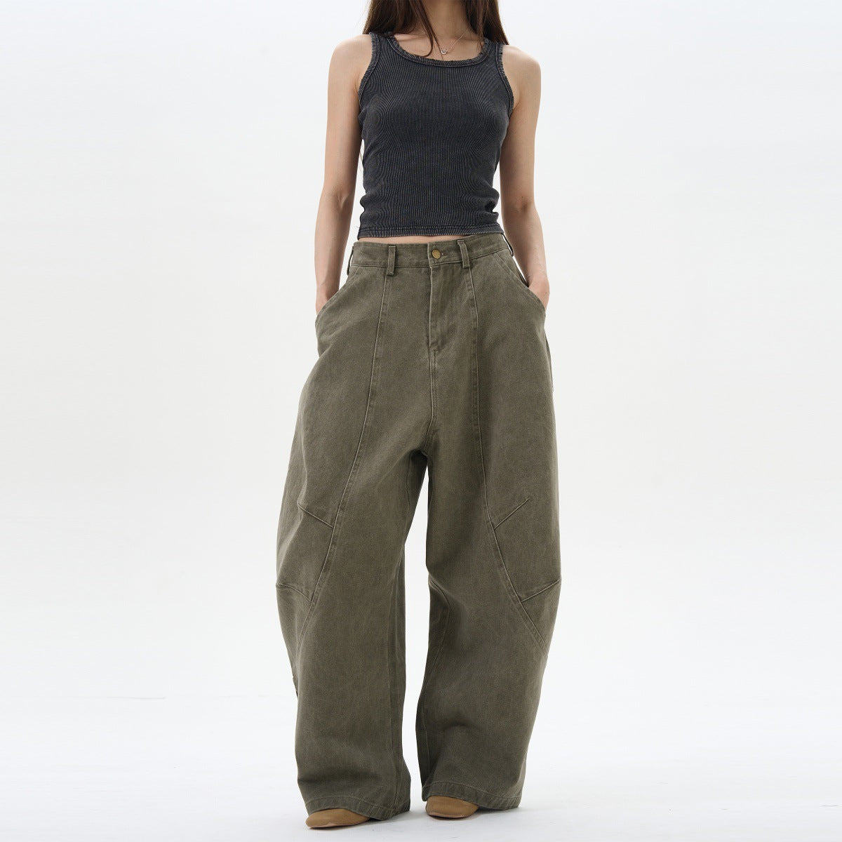 Retro Green Brown Loose Matchet Pants Women