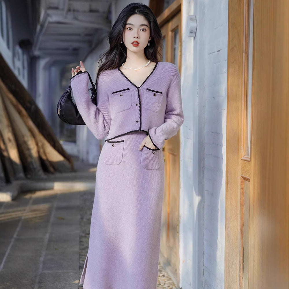 High-grade Pure Desire Style Purple Sweater With Suspenders Cardigan Two-piece Set