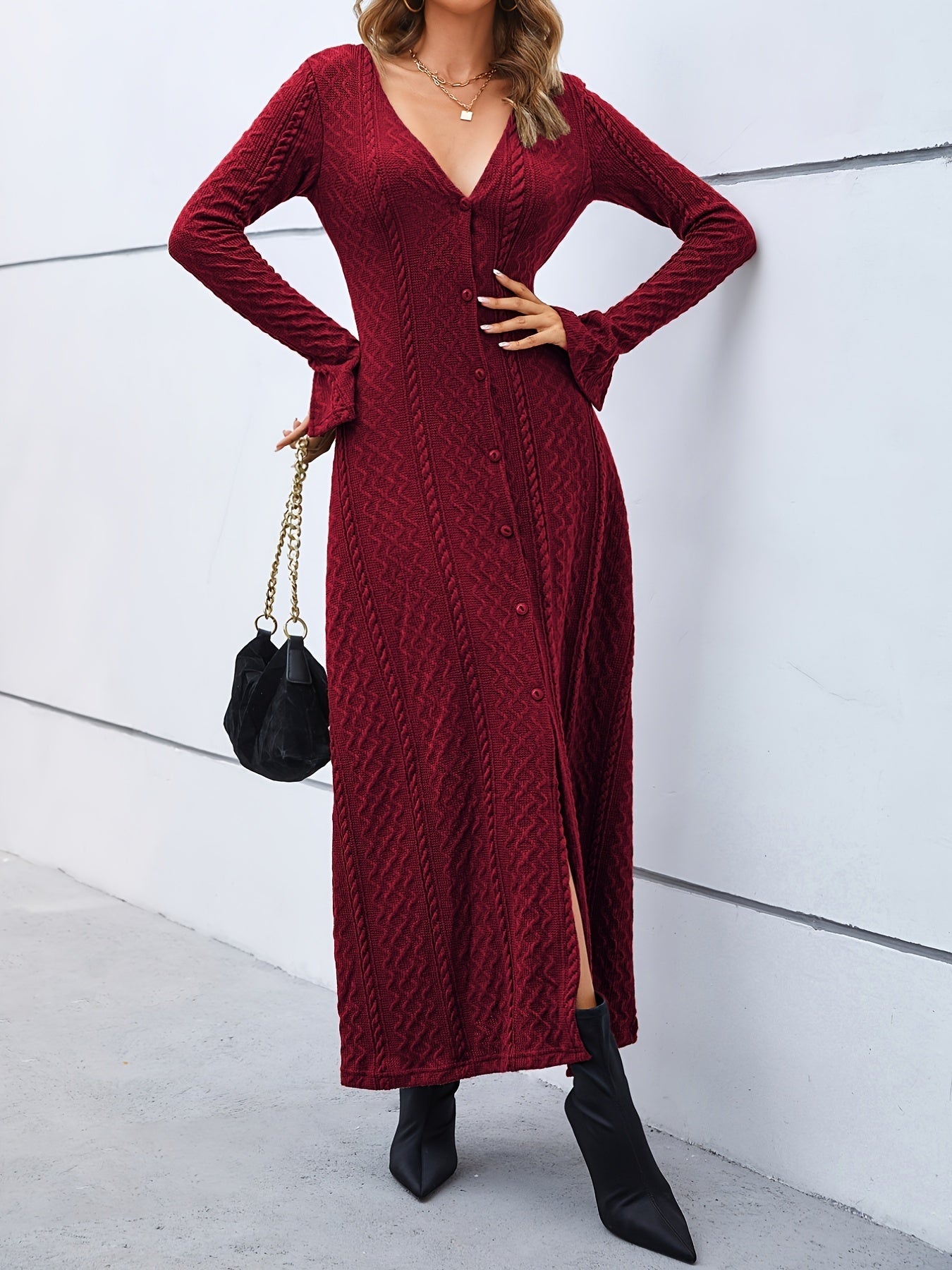 Elegant Buttons Slit Long Dress, Casual Deep V Neck Long Sleeve Waist Long Dresses