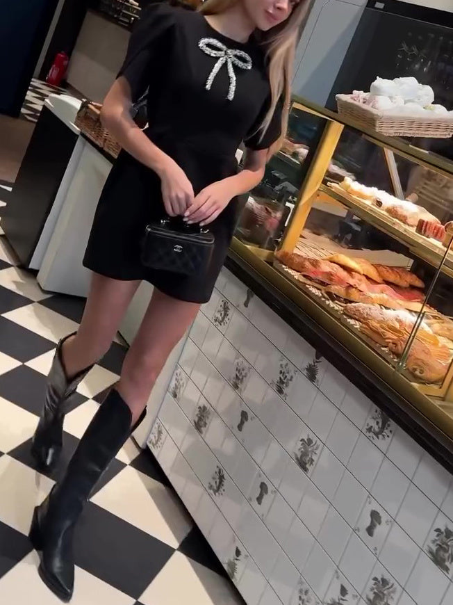 Elegant Rhinestone Bow Petal Sleeve Dress