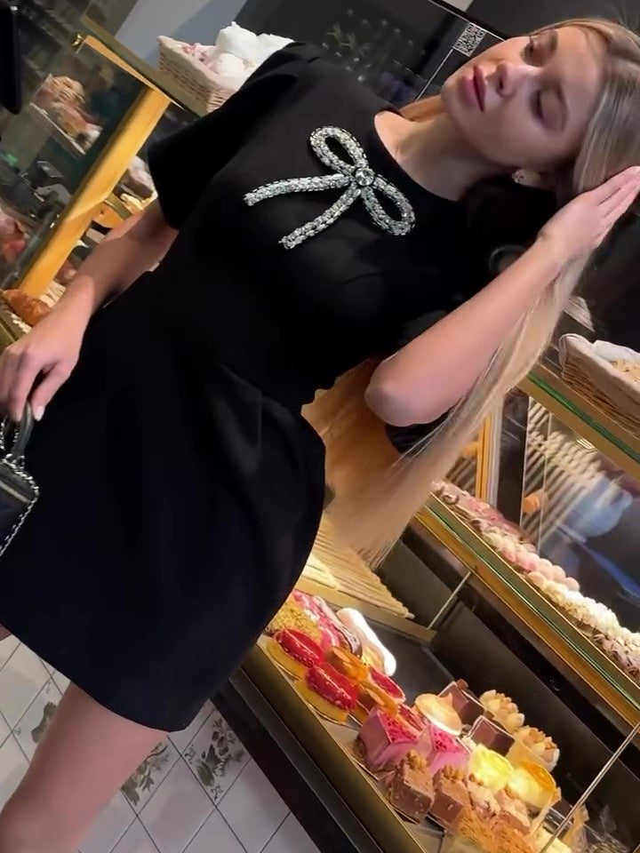 Elegant Rhinestone Bow Petal Sleeve Dress