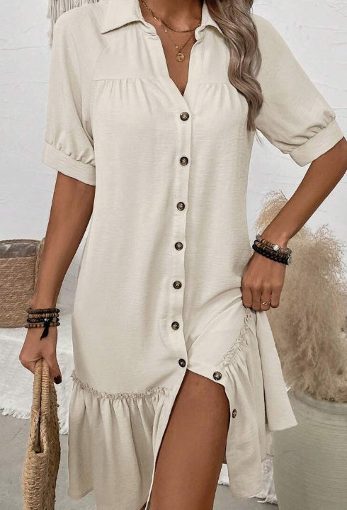 Ruffle Hem Neckline Collar Sleeve Button Down Dress
