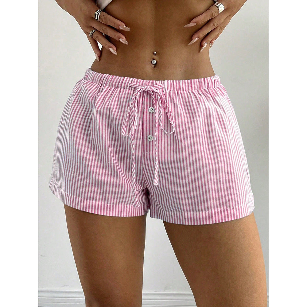Fashionable Basic Striped Elastic Casual Shorts Home Loose Slimming