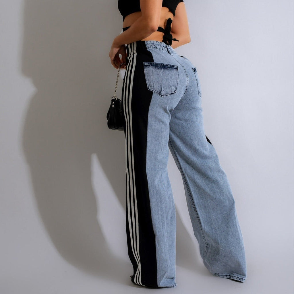 Fashion Casual High Waist Elastic Straight Leg Trousers Three Stripe Patchwork Denim Wide Leg Pants Streetwear