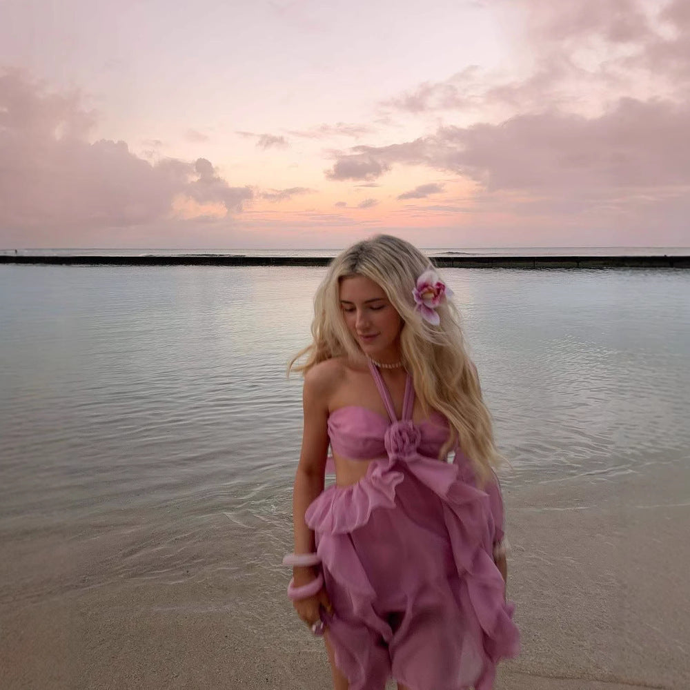 Corsage Lace 3D Fashion Pleated Strapless Dress