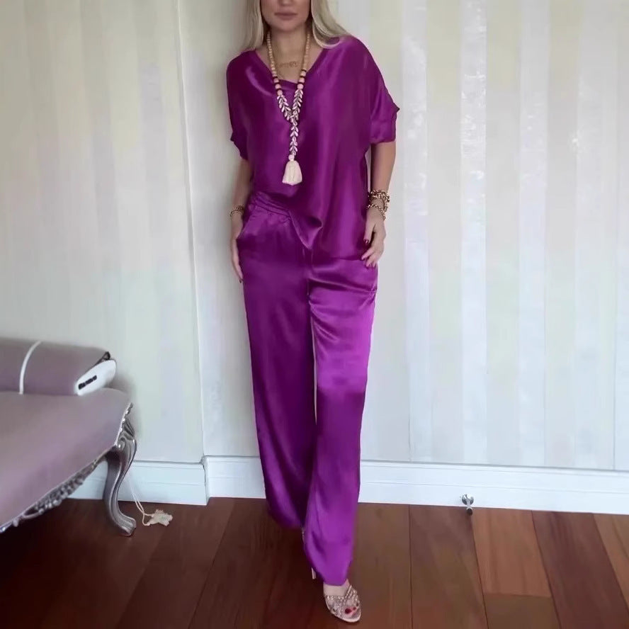 Women's Comfortable V-neck Satin Short-sleeved Two-piece Suit